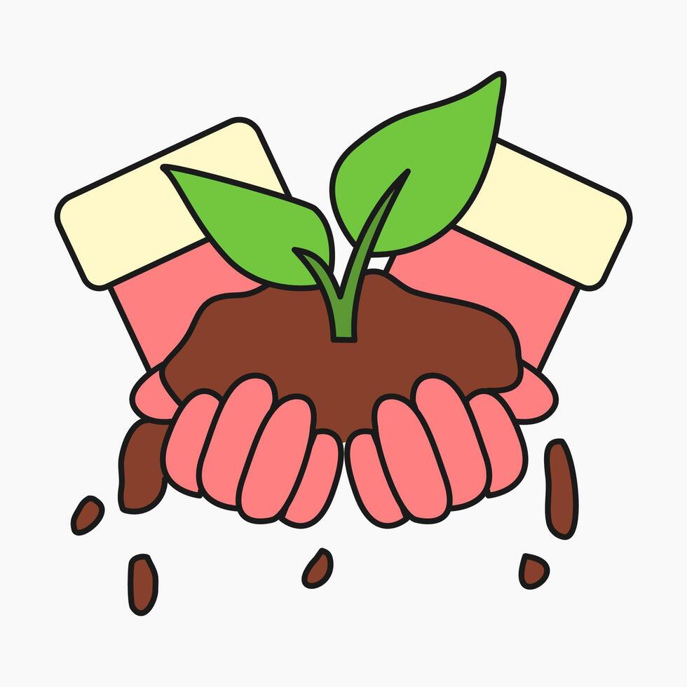 Two hands in red gloves holding soil and plant in colorful cartoon style vector
