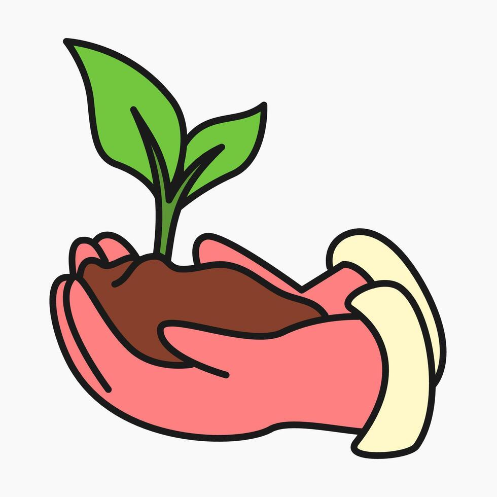 hand holding plant and soil in vibrant cartoon flat style vector