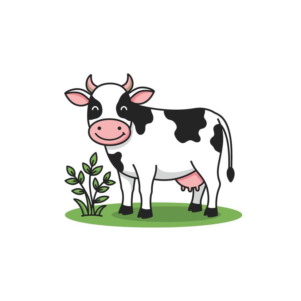 Cartoon cow standing in the grass logo design vector