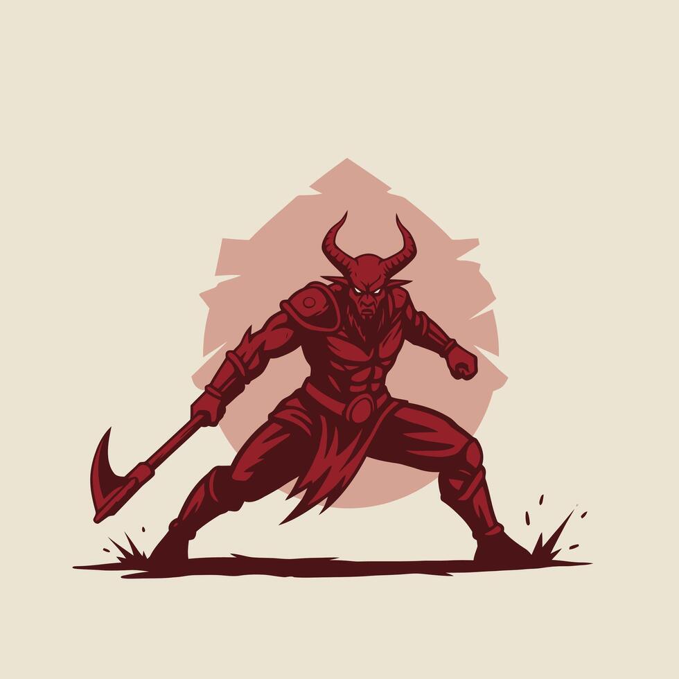 Red demon with a large axe in his hand logo design vector