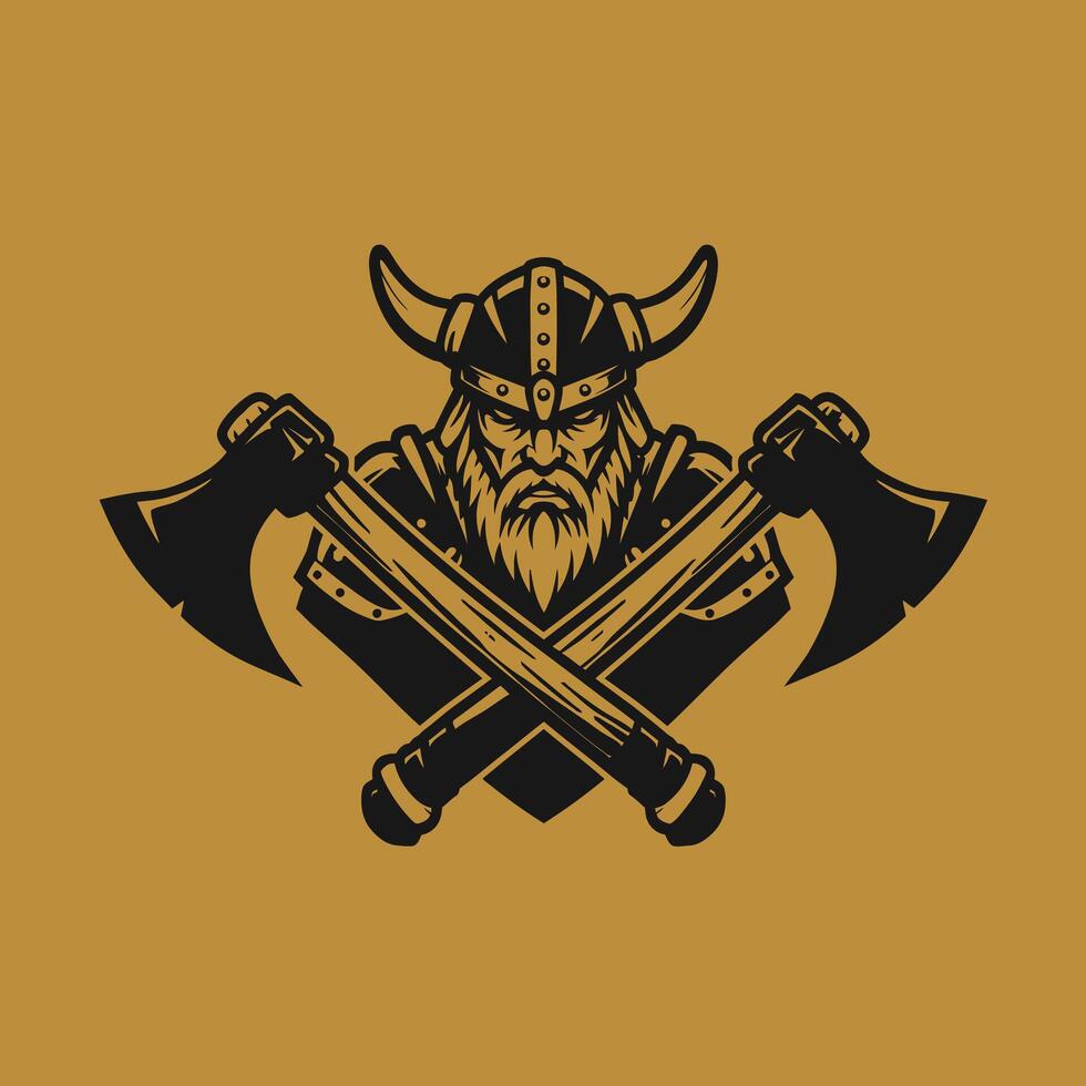 Viking warrior with axes logo design on a gold background vector