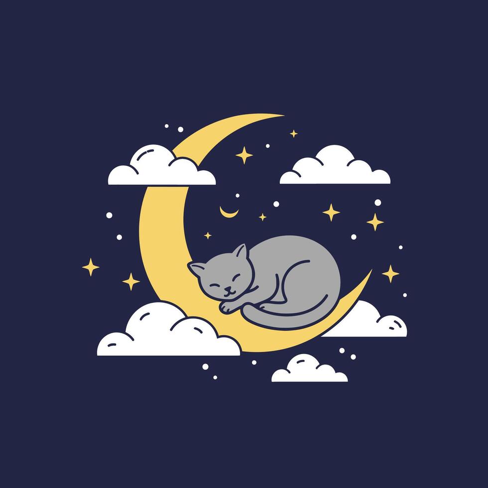 Cat sleeping on the moon surrounded by clouds and stars logo design vector