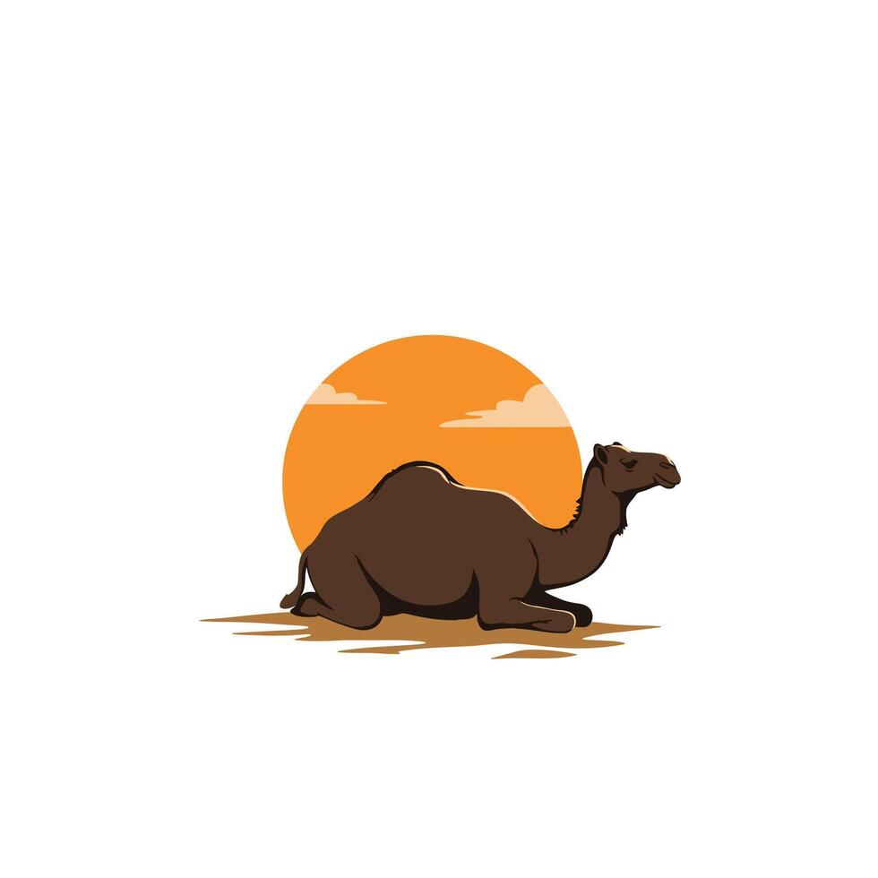 Camel laying down in the desert with the sun in the background logo design vector