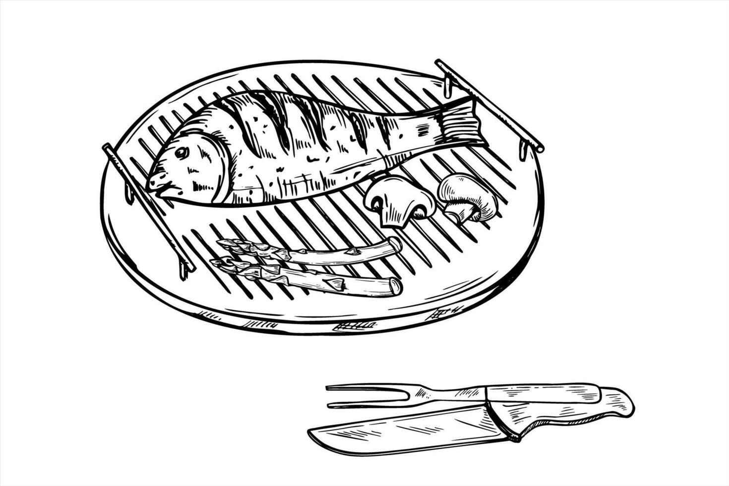 Whole grilled Mediterranean fish on round grill grid, grilling tools line art black ink sketch. Monochrome mullet or sea bream on wire rack, Kitchen accessory illustration. BBQ seafood vector