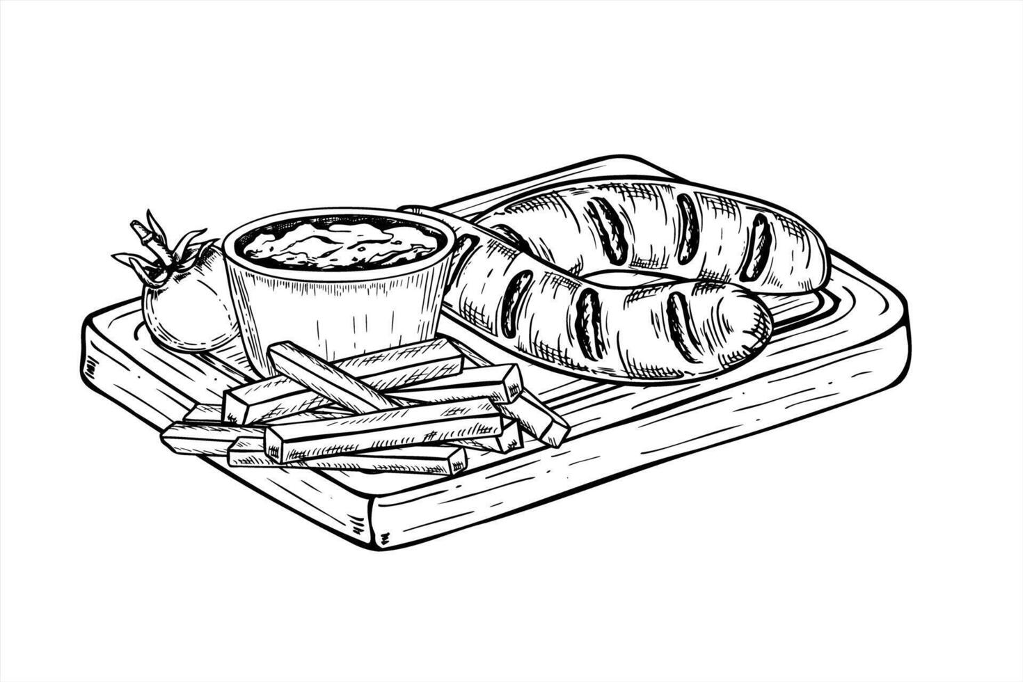 Two grilled sausages on rectangle wooden board with sauce bowl, tomato and French fries illustration painted by black inks. Street food or BBQ menus, food packaging, and summer event promotions vector