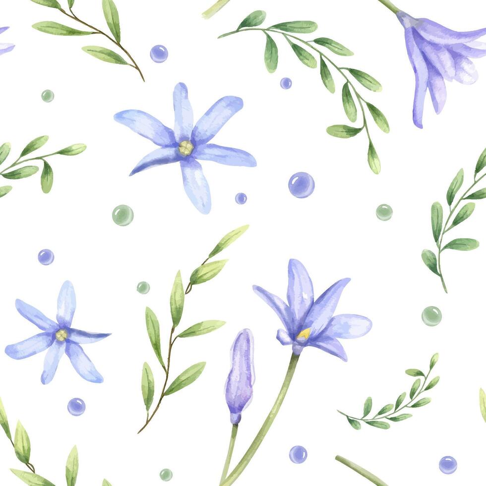 Watercolor blue scilla and myrtle branches among blue green drops seamless pattern isolated background. Abstract leaves and snowdrops floral ornate for spring themed designs, wedding stationery vector