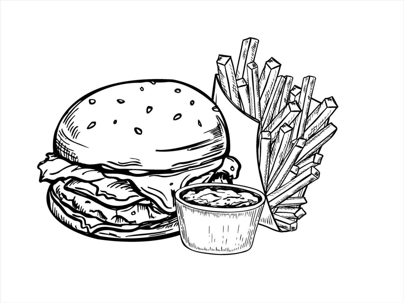 Monochrome burger, French fries in paper package and sauce bowl black ink illustration. Etching drawing of beef patty vegetables in sesame bun and fried potato. Street food line art style vector