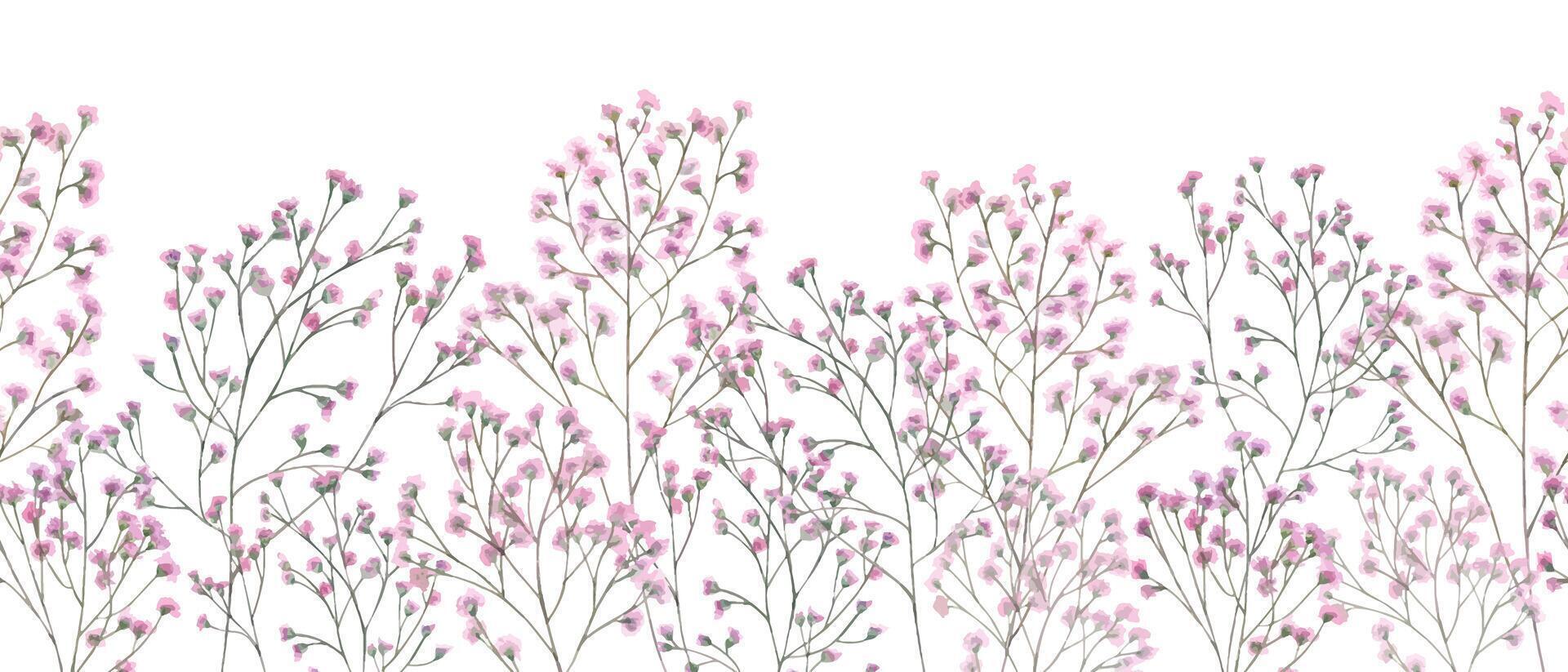 Watercolor intertwining blooming branches of pink gypsophila seamless border isolated background. Hand painted baby breath flowers illustration. For stationery, spa decor, gift packaging vector