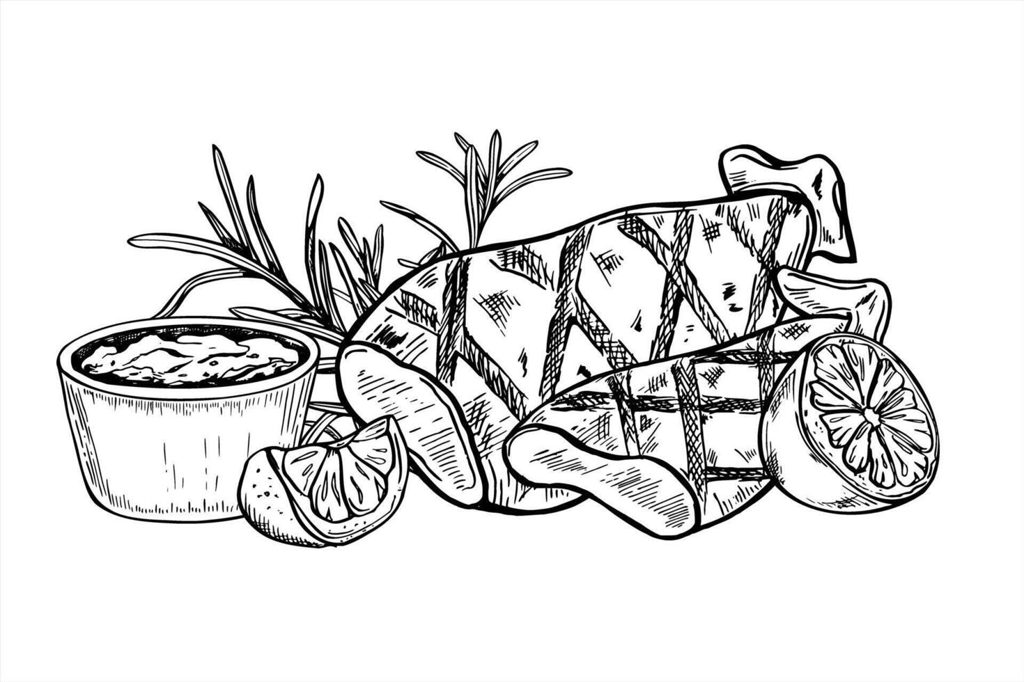 Grilled squid with sauce bowl, lemon slices and rosemary sprigs monochrome illustration. BBQ seafood with herbs for healthy restaurant menus, gourmet cookbooks, family holiday decor vector