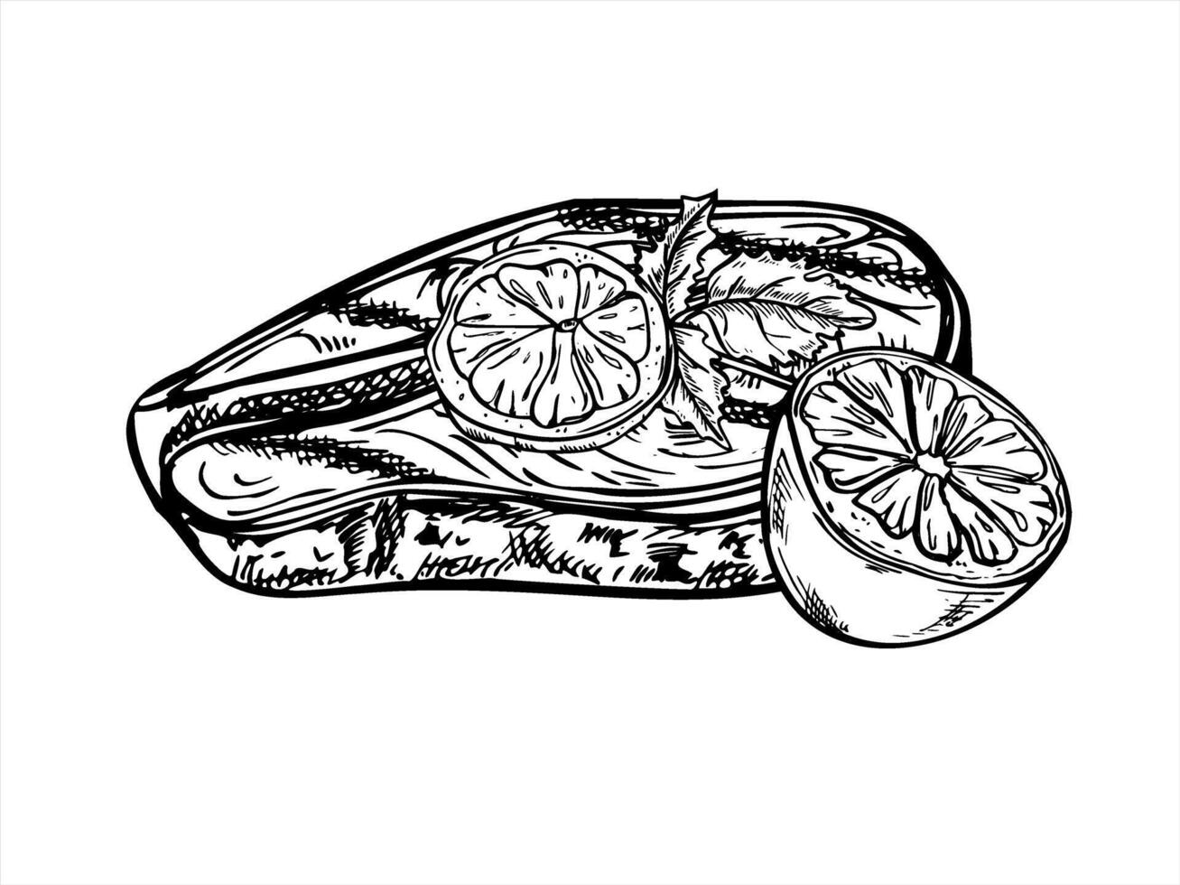 Grilled fish steak with lemon slice monochrome illustration in black and white. BBQ seafood slice with citrus for seafood restaurant menus, healthy cooking blogs, and gourmet food packaging. vector