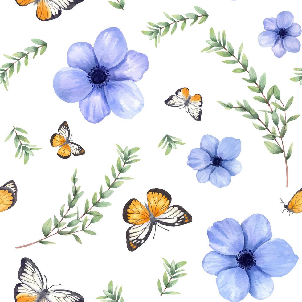 Blue anemones, abstract branches and fluttering white orange butterflies watercolor seamless pattern isolated background. Hand painted illustration for spring fashion textiles, wedding invitations vector