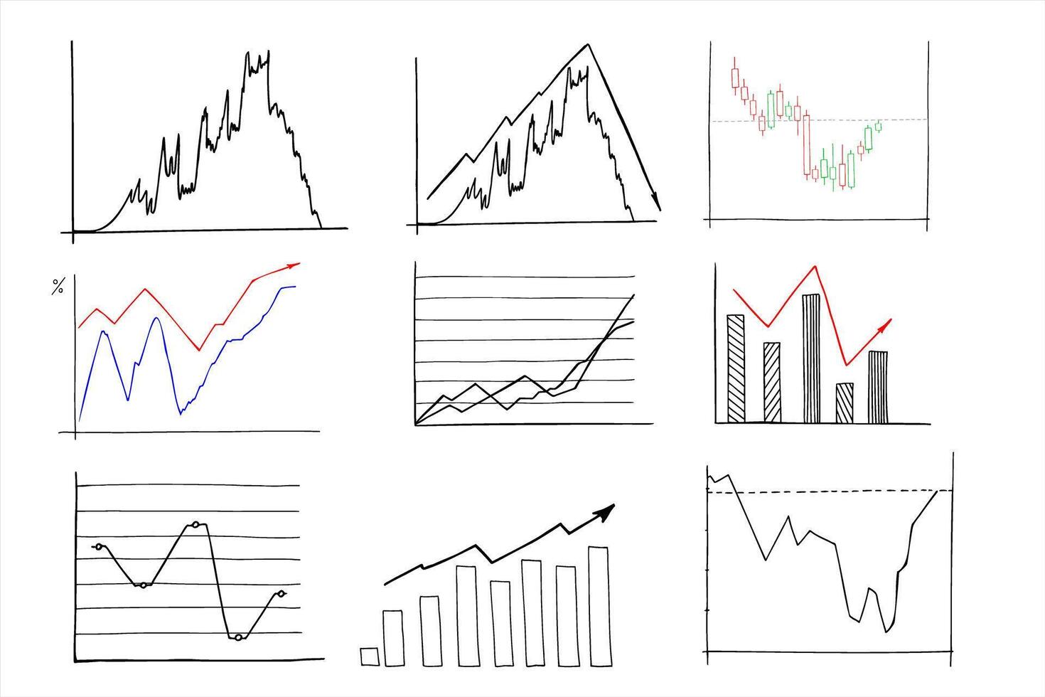Analytical graphic chart with trend lines, columns set hand drawn ink sketch. Change in time of election results or income, plans. illustration for business data presentation, election results. vector