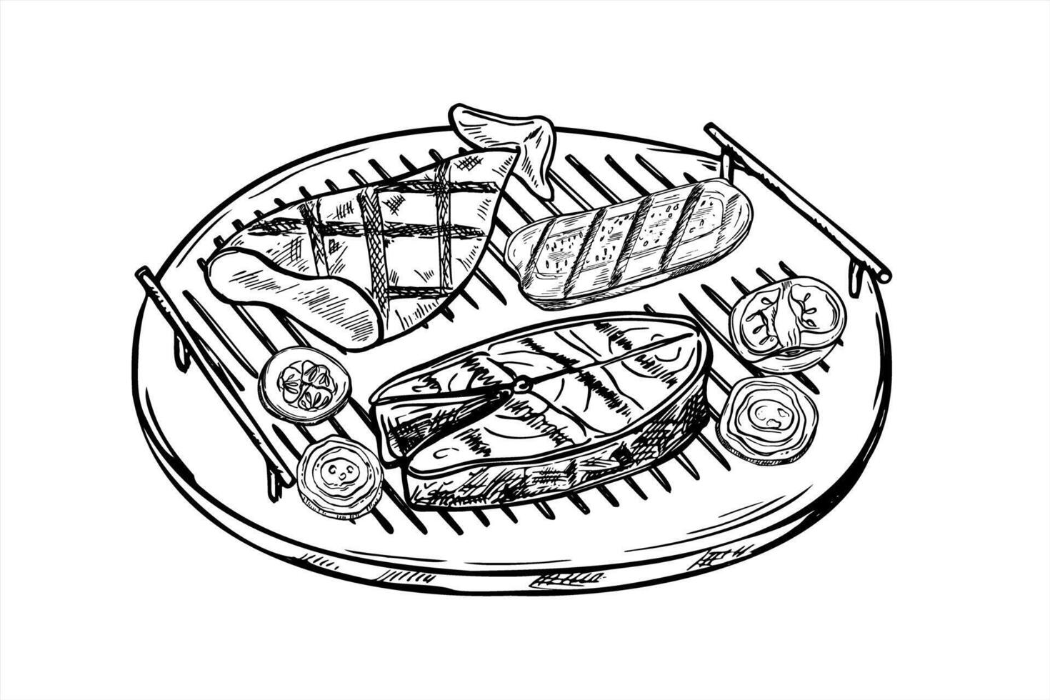 Grilled seafood and vegetables on round grill grid line art black ink sketch. Monochrome fish, squid, onion, tomato, zucchini on wire rack. BBQ illustration culinary blogs, restaurant menus. vector