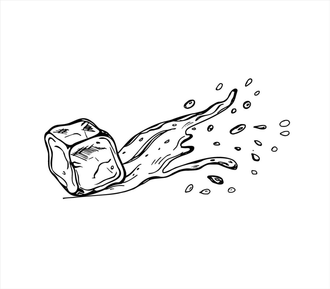 Ice cube with energetic splash and water droplets dynamic black and white illustration. Frozen water or juice graphic sketch beverage branding, cocktail menus and refreshing summer decor vector