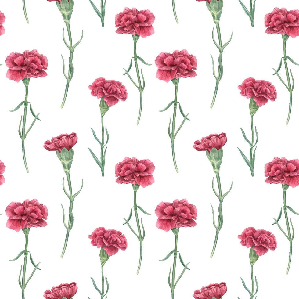 Seamless watercolor pattern with single red carnations on stems and leaves isolated background. Hand painted flowers for romantic designs, wedding stationery, textiles, and festive decoration vector