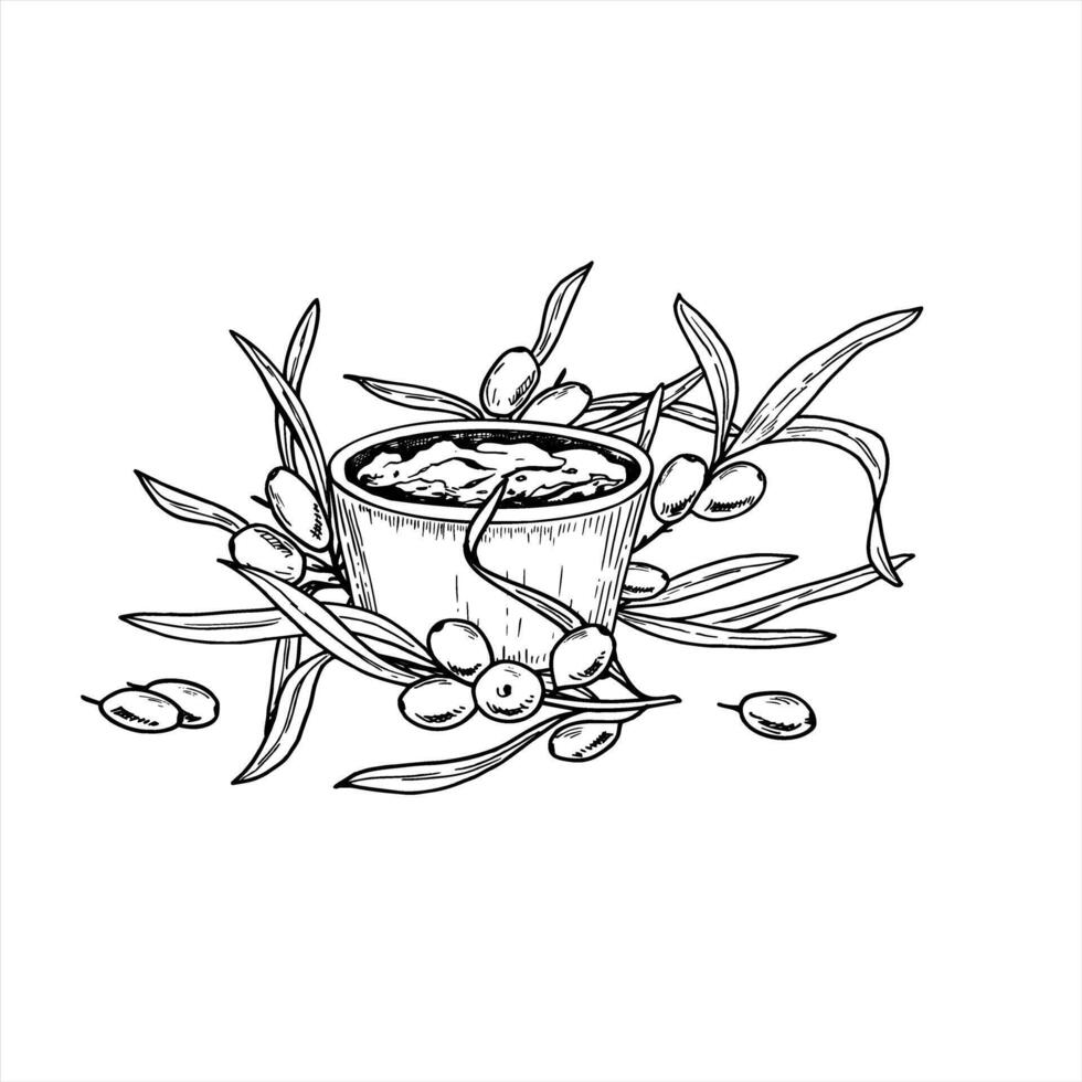 Monochrome sea buckthorn branches surrounding ceramic bowl of homemade jam illustration painted by black inks in minimalist outline style. Berries for organic food packaging, rustic cafe menu. vector
