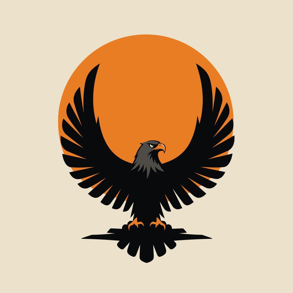 Black eagle spreading out its wings in front of the sun logo design vector