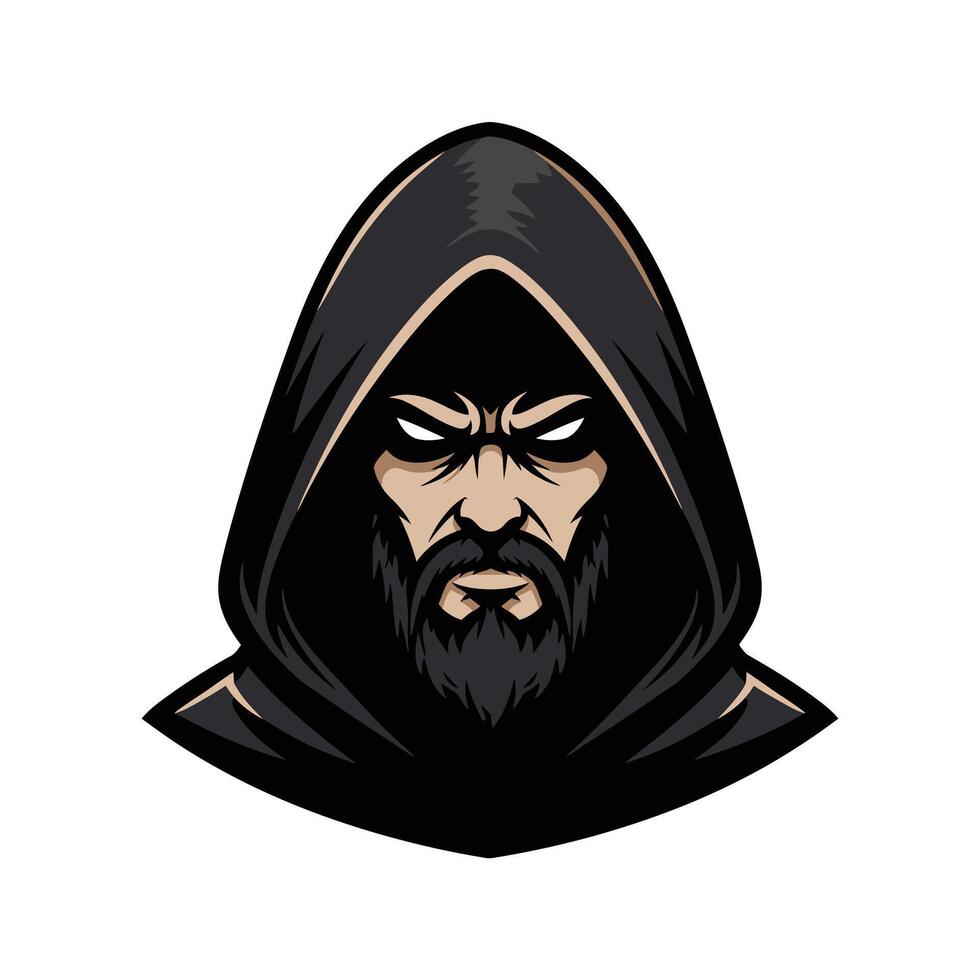 Bearded man in a black hooded robe logo design vector