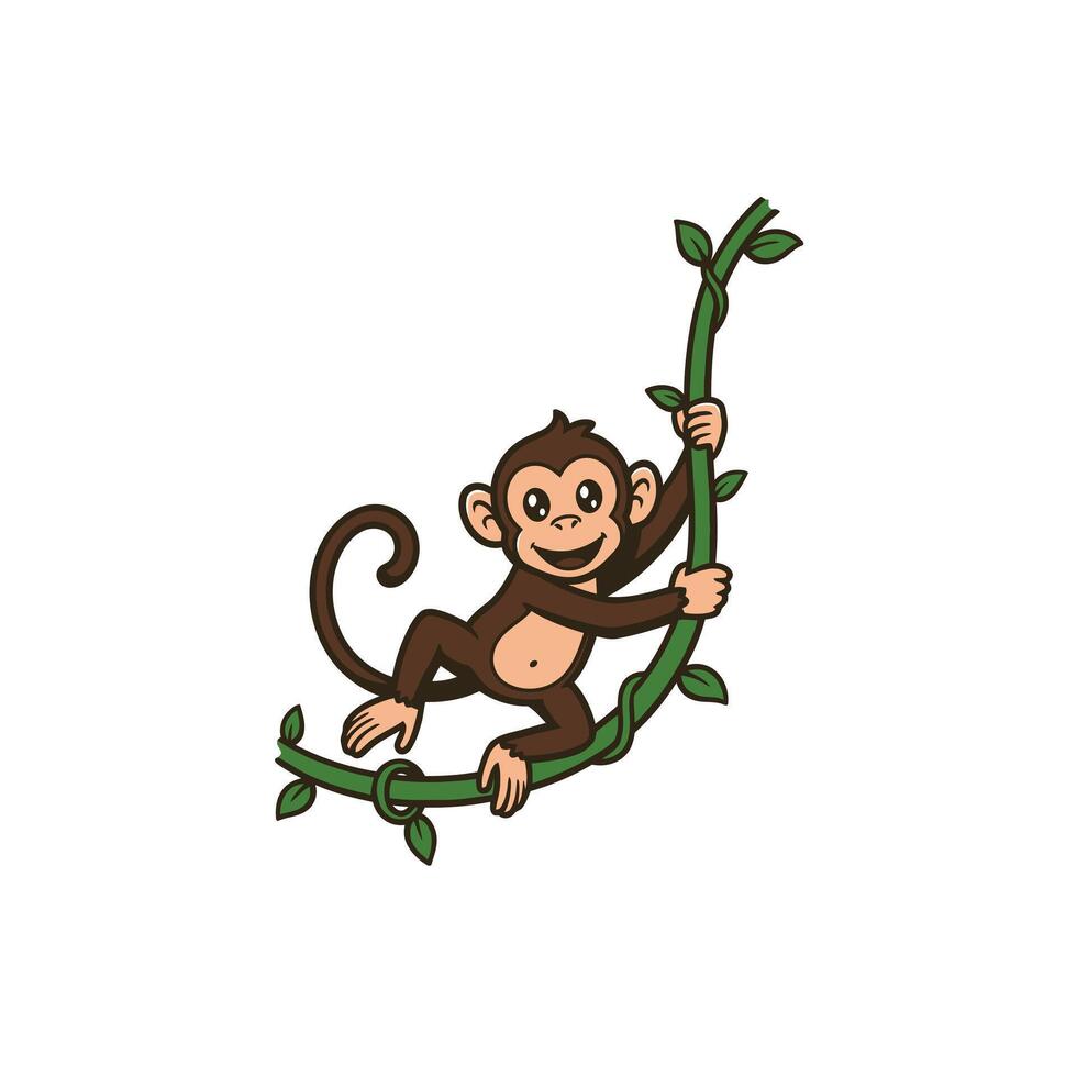 Cartoon monkey climbing on a branch logo design vector
