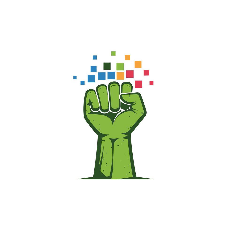 Logo design of a fist with colorful squares on top of it vector