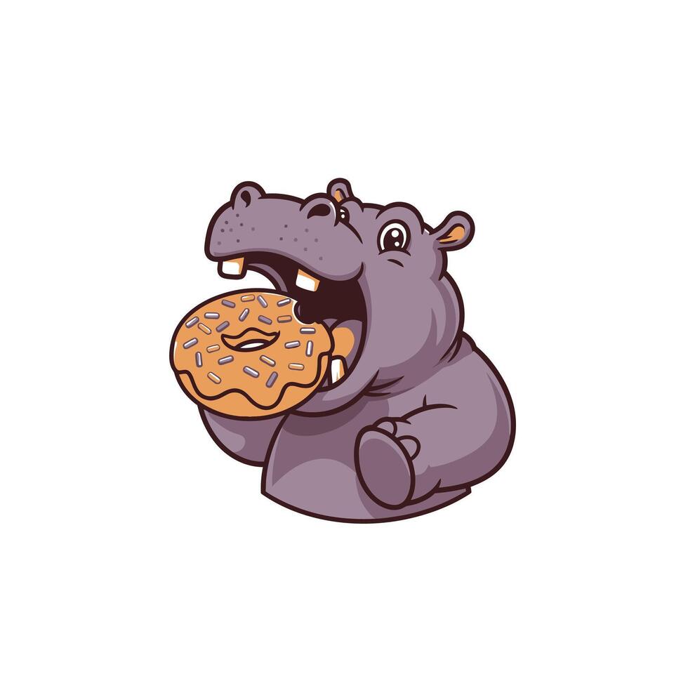 Cartoon hippo eating a donut logo design vector
