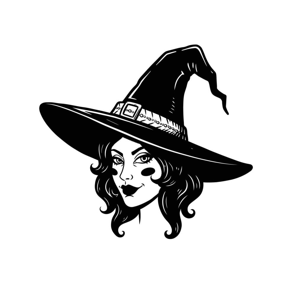 Black and white logo design of a witch with a hat vector