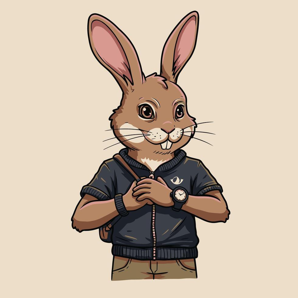 Cartoon rabbit wearing a jacket and holding a backpack logo design vector