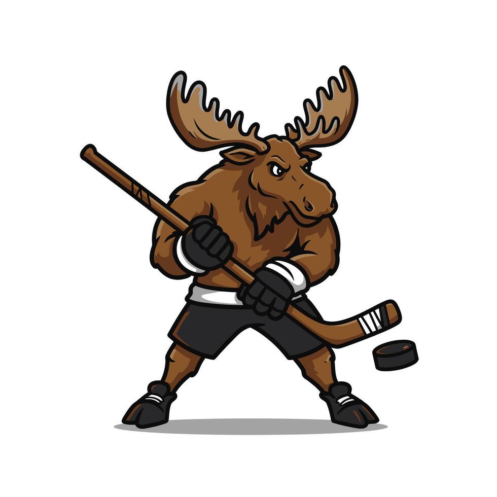 Moose hockey player holding a stick and puck logo design vector