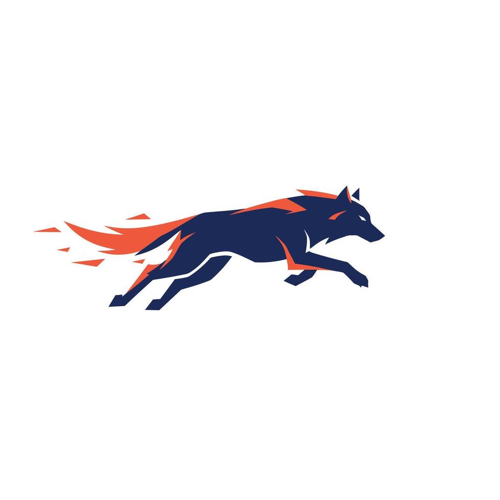 Running wolf logo design with a blue and orange color scheme vector