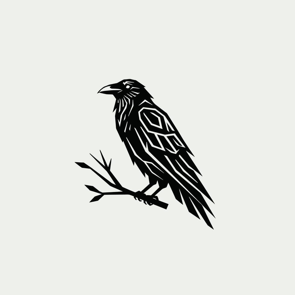 Black and white logo design of a raven sitting on a branch vector