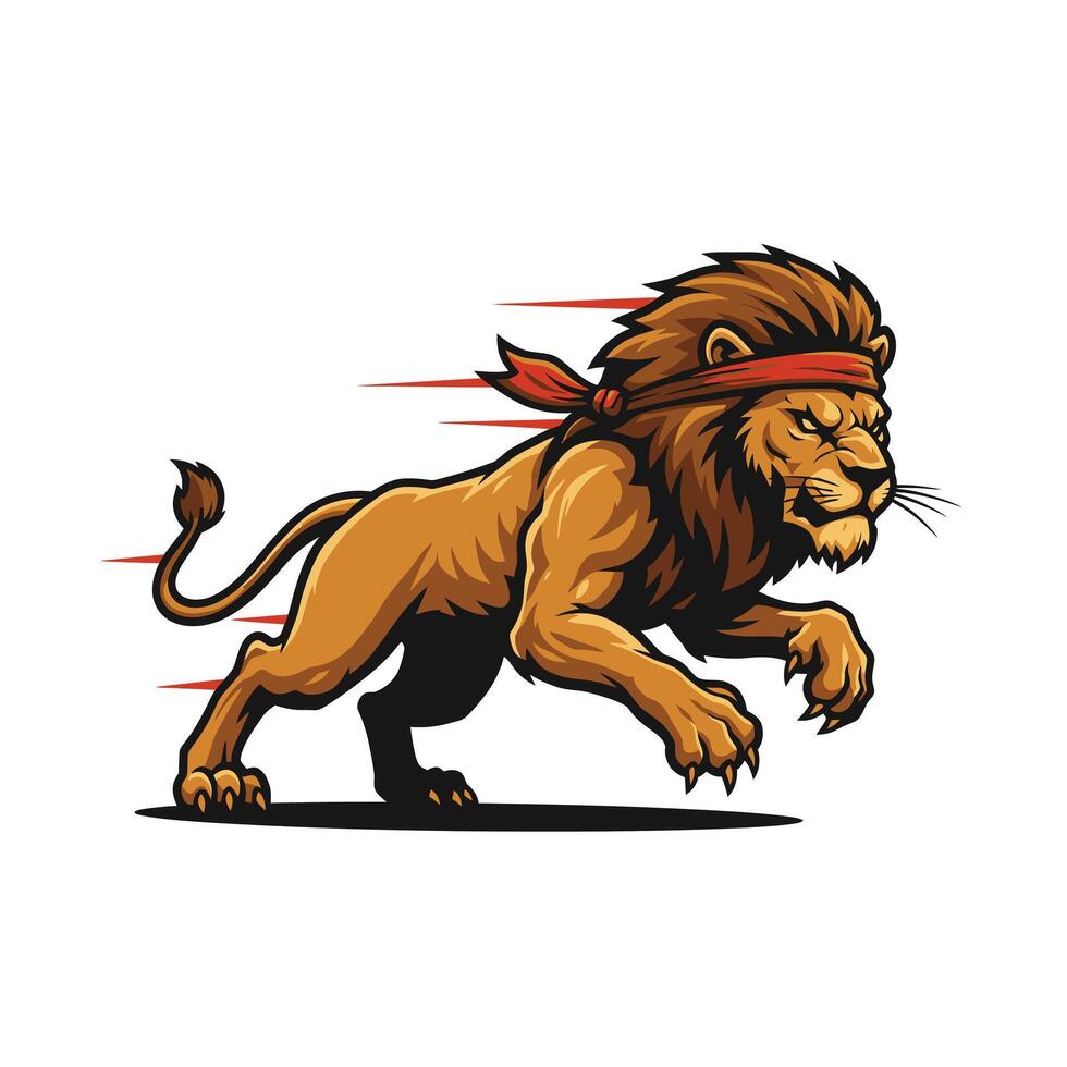 Lion running with a bandana on his head logo design vector