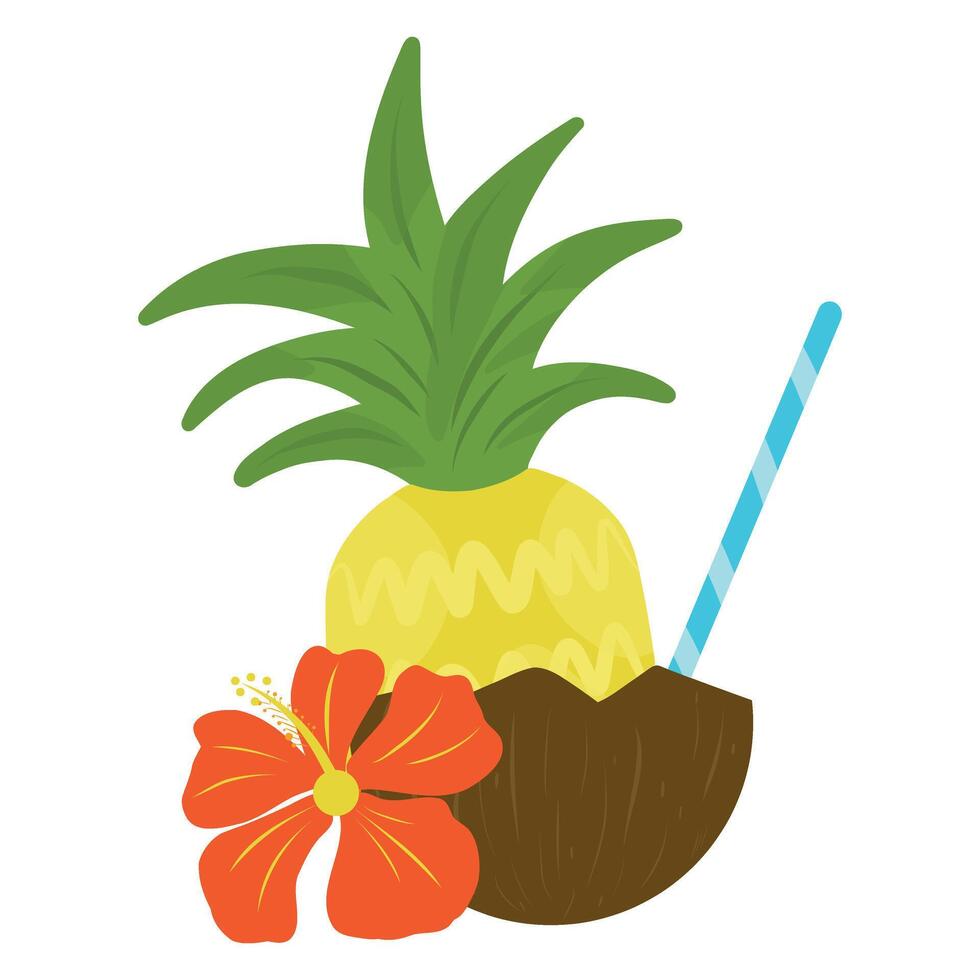 Coconut drink with drinking straw, pineapple and flower. Illustration of tropical drink vector