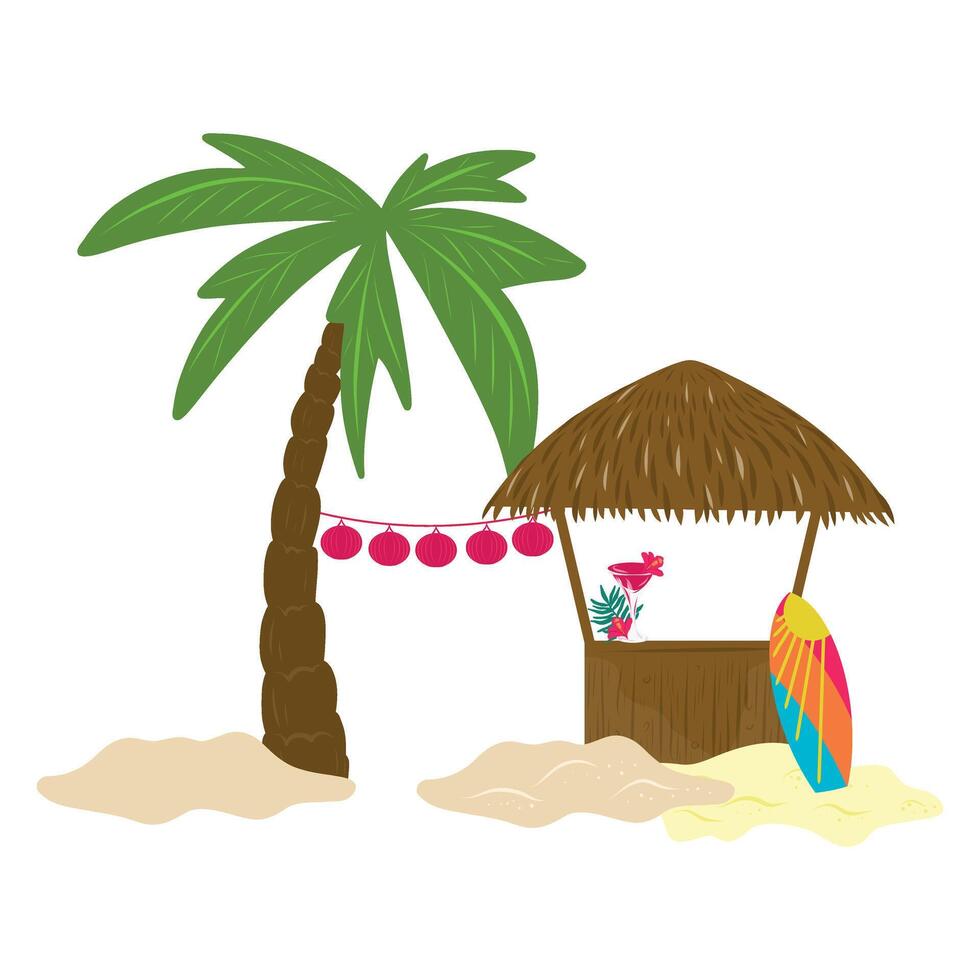 Summer beach bar with a palm tree illustration. Bar, cocktail, garland, palm tree, surf board. Cartoon illustration of tropical pub vector