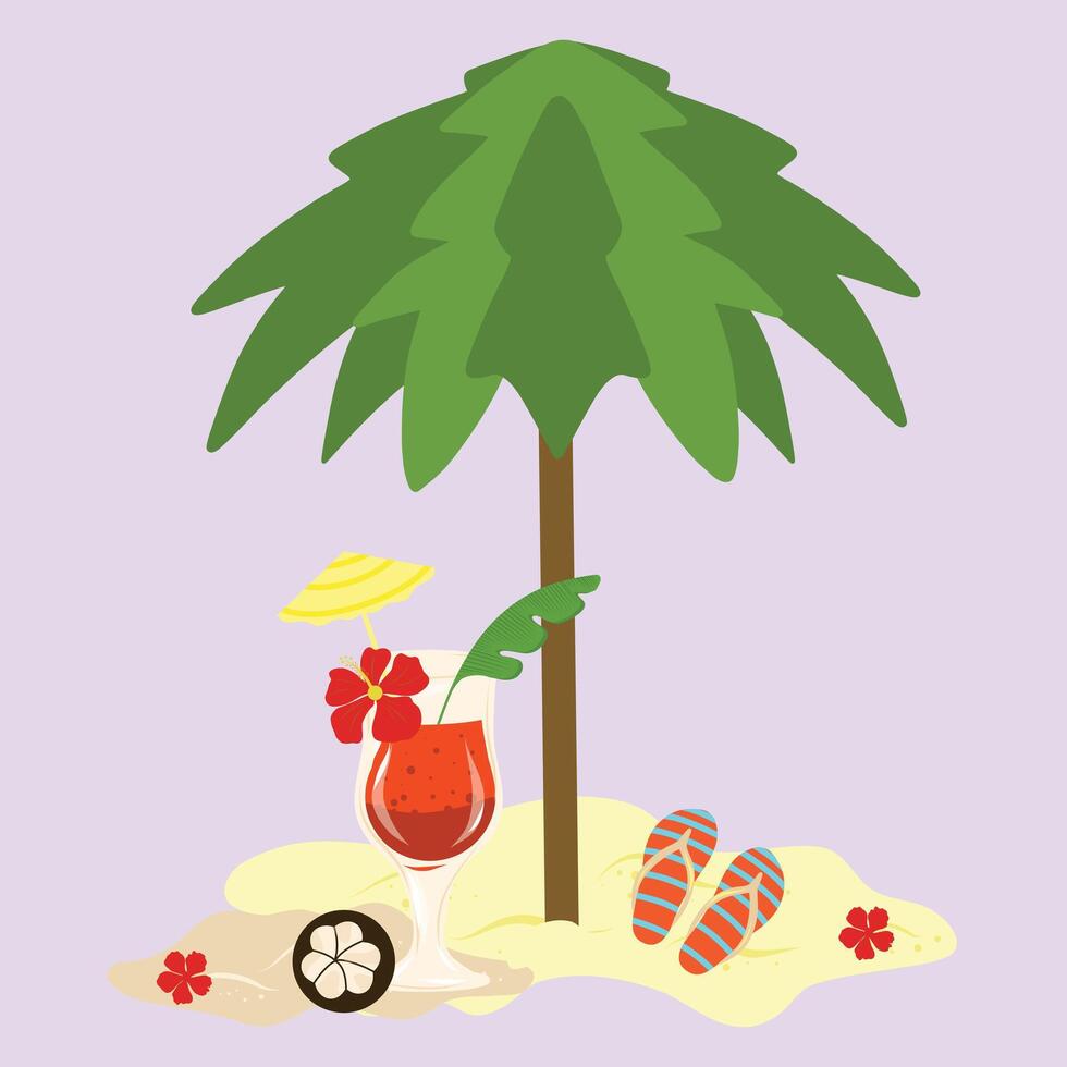 Palm tree on a sand, cocktail, sandals, flower on a background. Tropical beach composition illustration. vector