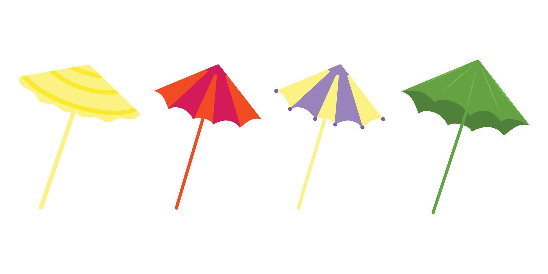 Paper cocktail umbrellas set. Small colorful umbrella on toothpick for sweet drinks and summer beverages, decoration parasol. vector