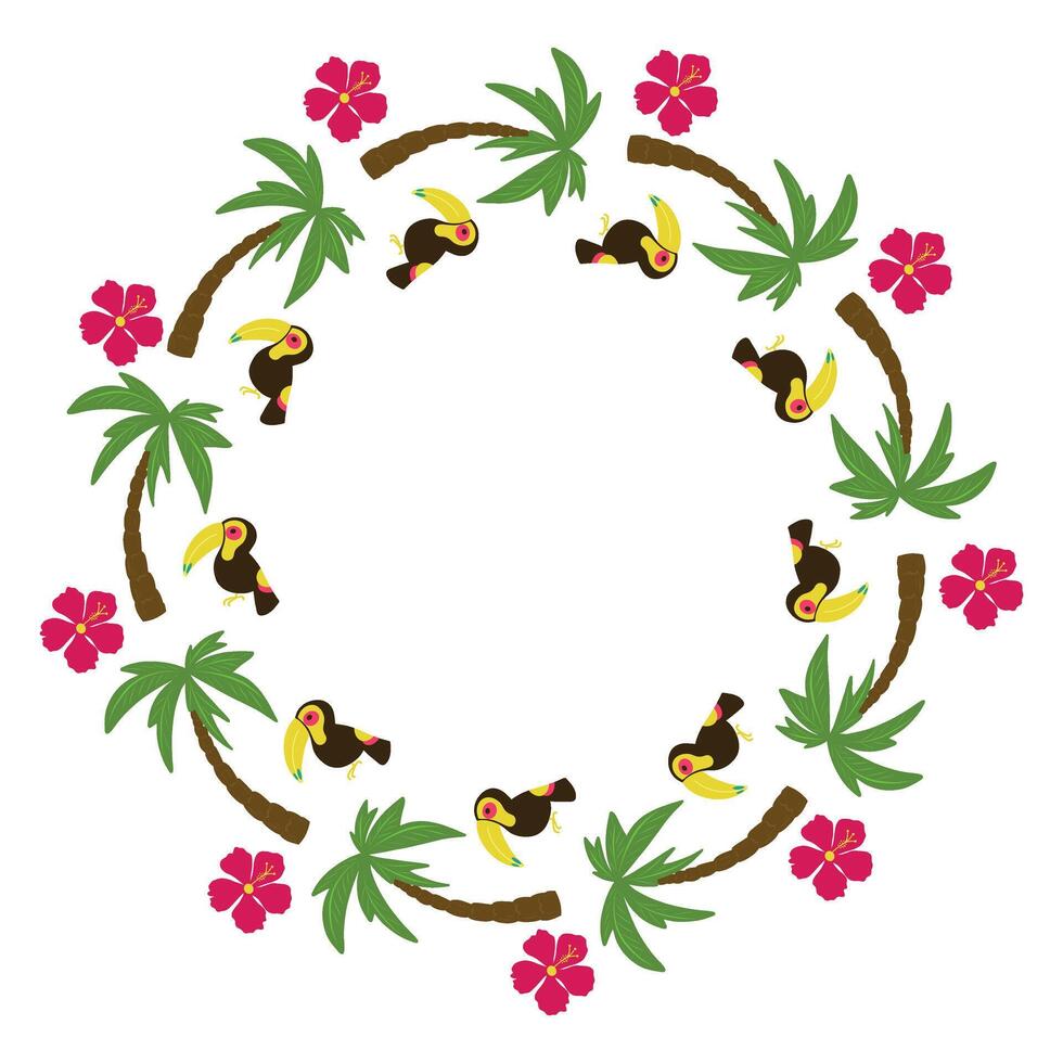 Tropical wreath with toucans, palm trees, exotic flowers. Illustration vector