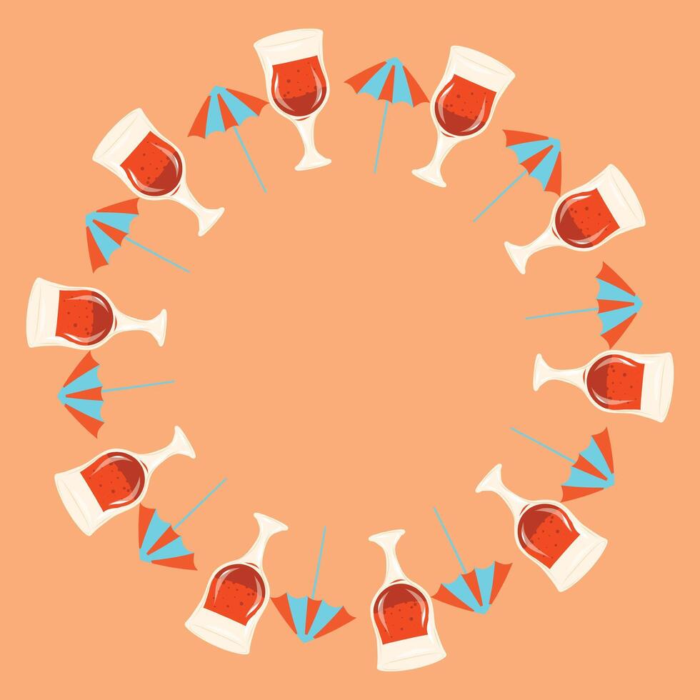 Cocktail glasses with umbrellas wreath on a colorful background. Beverage round frame. Glasses full of red beverage frame for greeting cards, decor, wedding invitations, posters, branding. vector