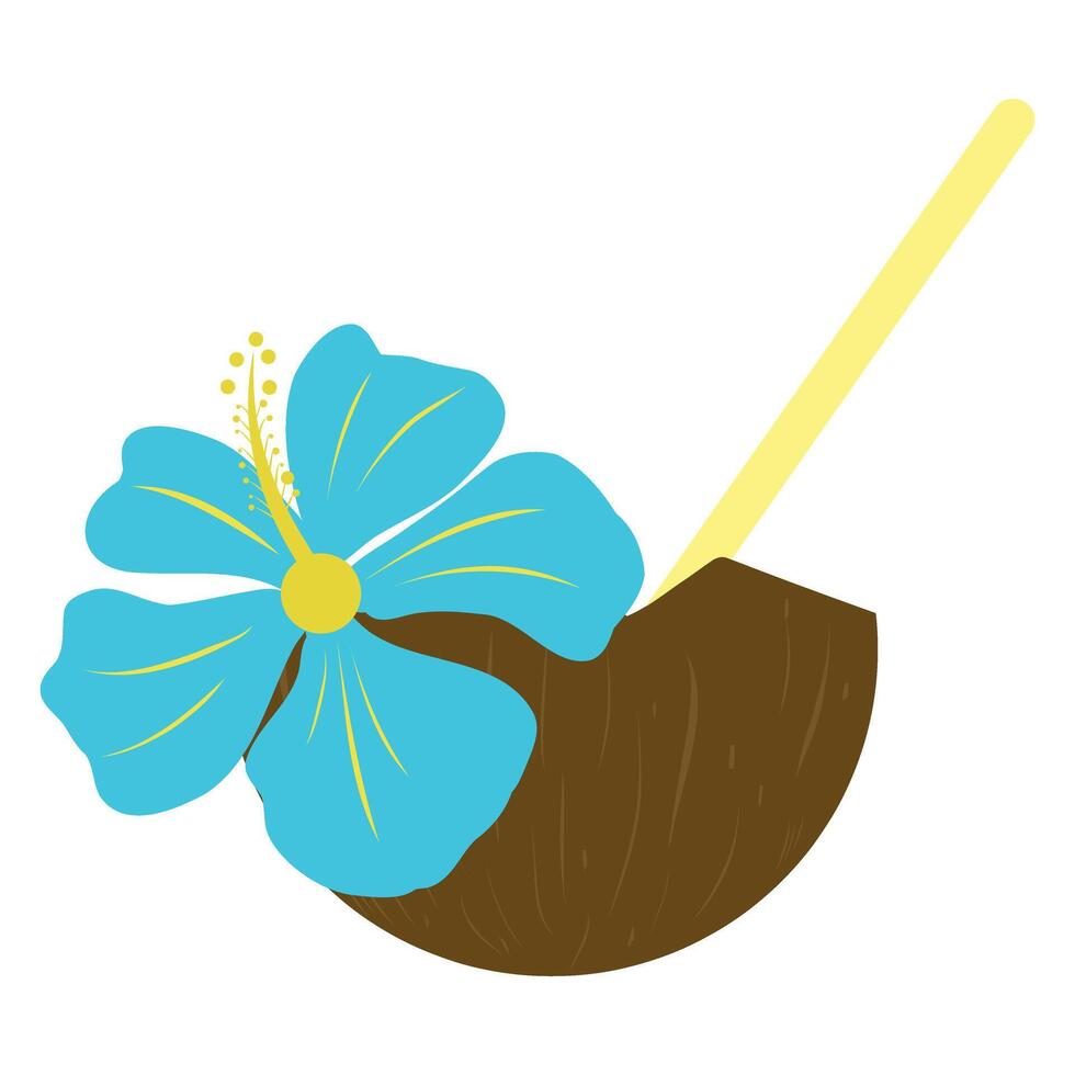 Coconut drink with drinking straw and blue flower. Illustration of tropical drink vector