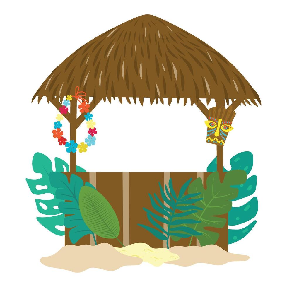 Summer beach bar illustration. Bar, tiki mask, leaf, leaves, lei. Cartoon illustration of tropical pub vector