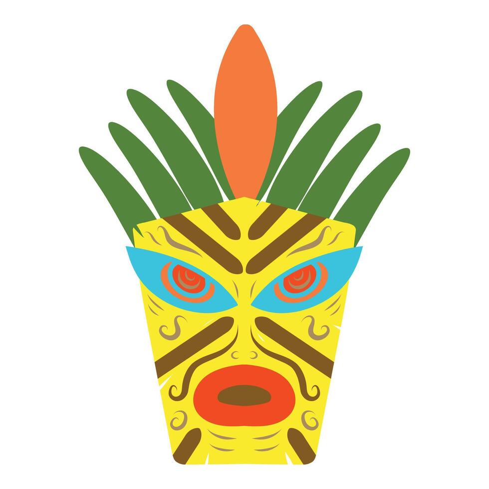 Cartoon Yellow Tiki mask illustration. Tribal wooden mask totem in hawaiian style. Tribal tiki idol head. vector