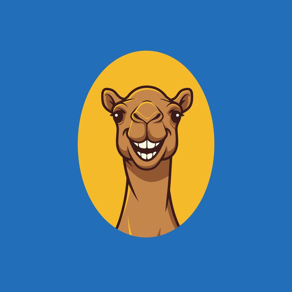 Camel head inside a yellow circle logo design on a blue background vector
