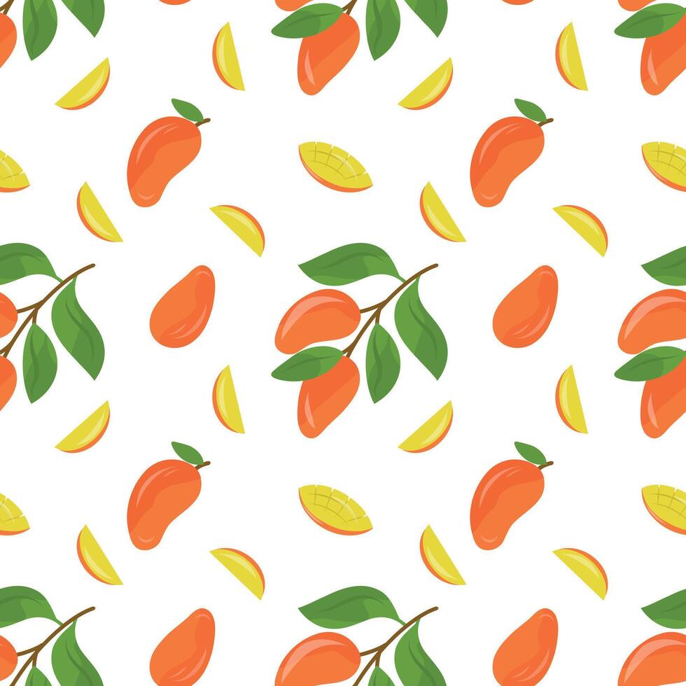 Mango fruits seamless pattern, mango on brancehs, slices of mango. Tropical fruit pattern on a white background vector