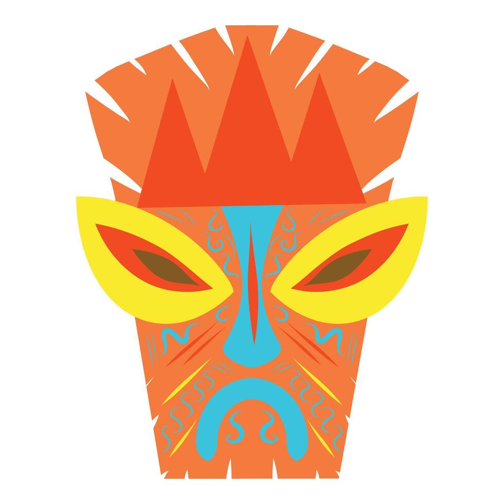 Cartoon Orange Tiki mask illustration. Tribal wooden mask totem in hawaiian style. Tribal tiki idol head. vector