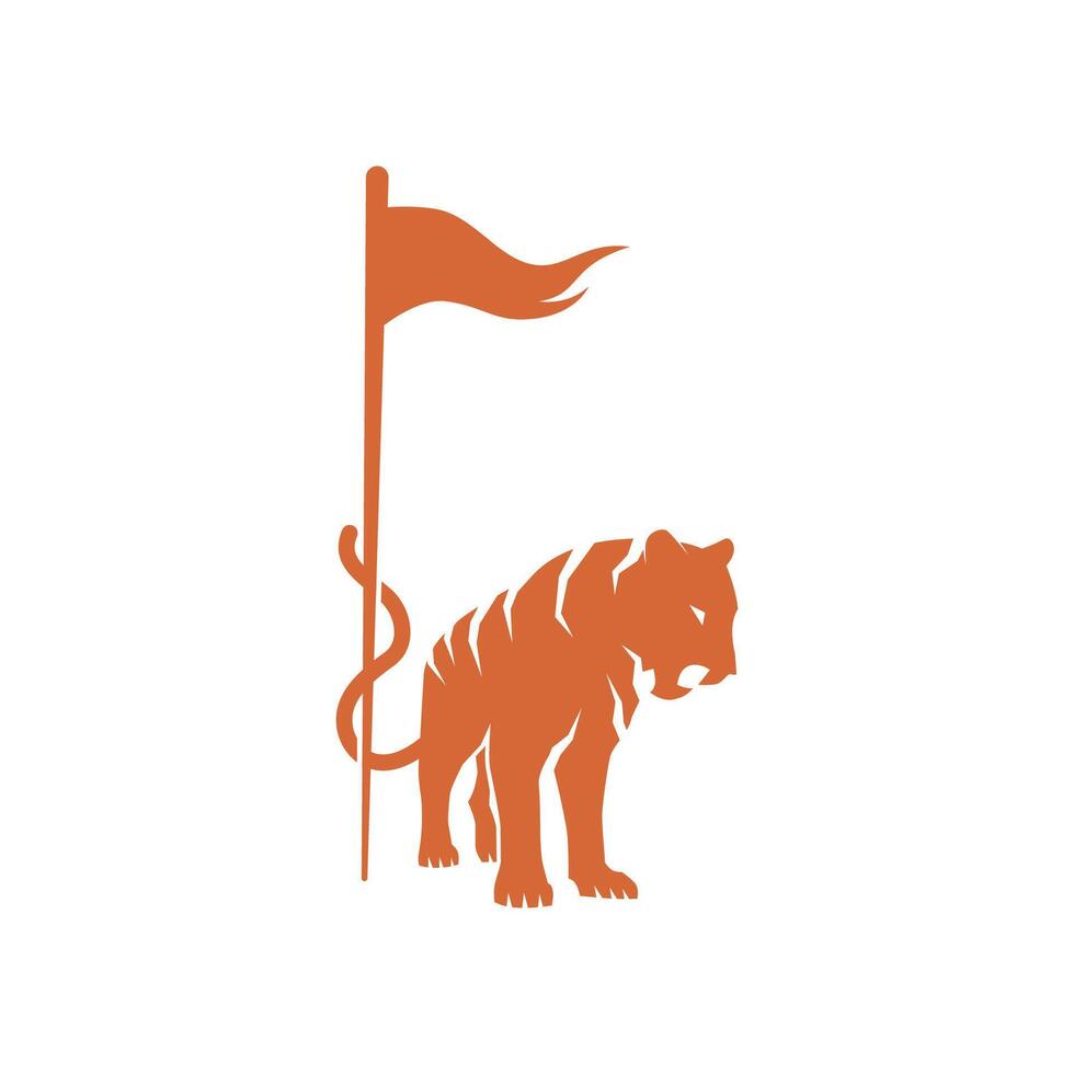 Orange Tiger Logo Holding Flag in Abstract Design Silhouette. vector
