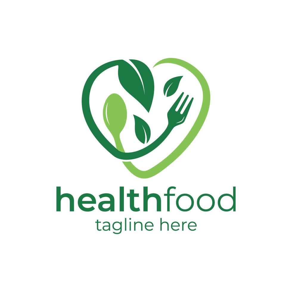 Health food logo design, combination of fork with love sign and leaf, icon, symbol. illustration. vector