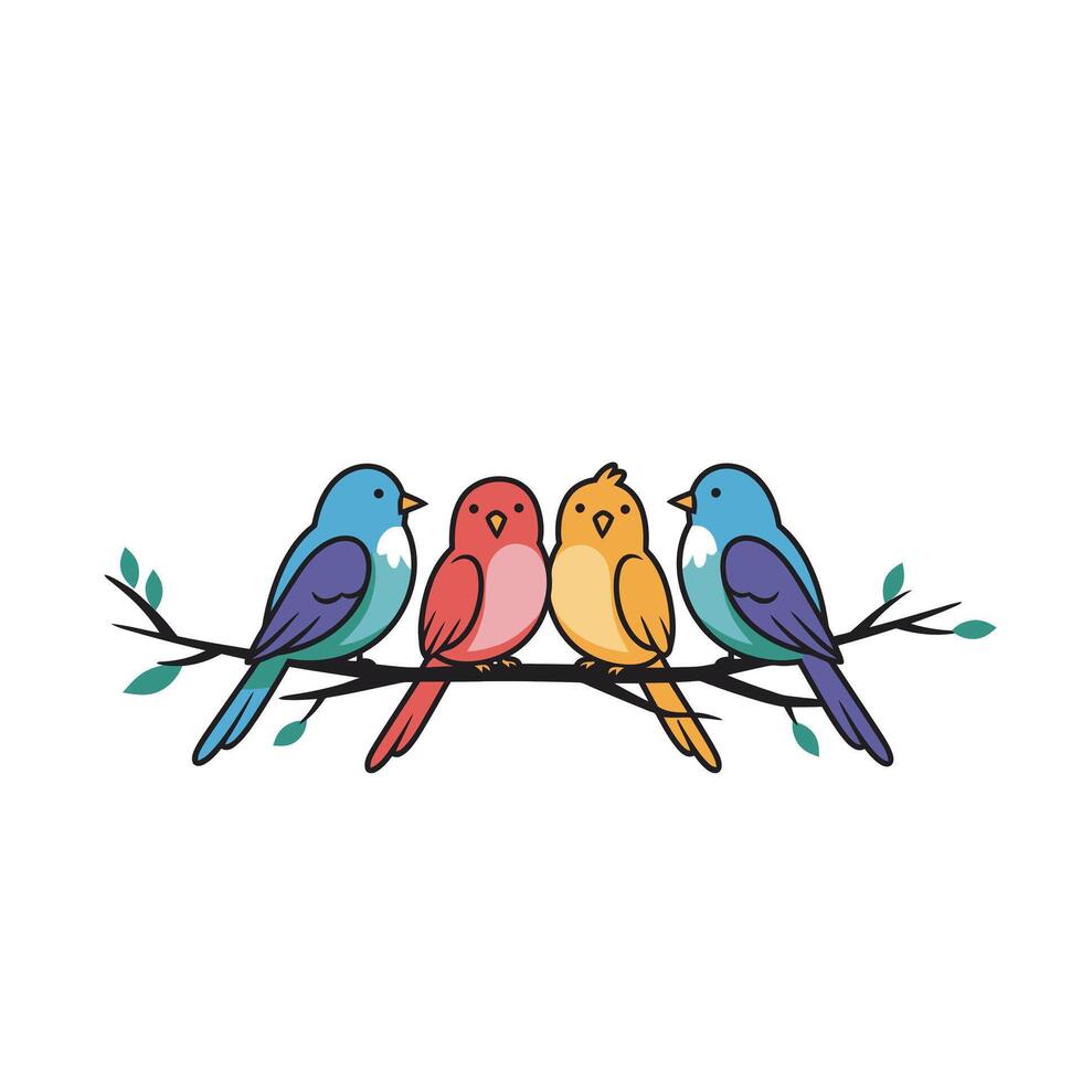 Four colorful birds sitting on a branch logo design vector