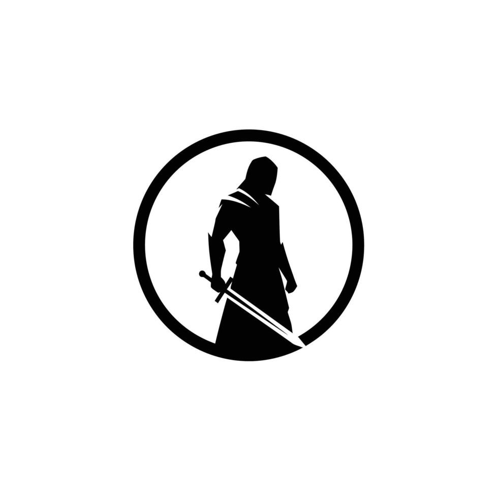 Silhouette of a man holding a sword logo design vector