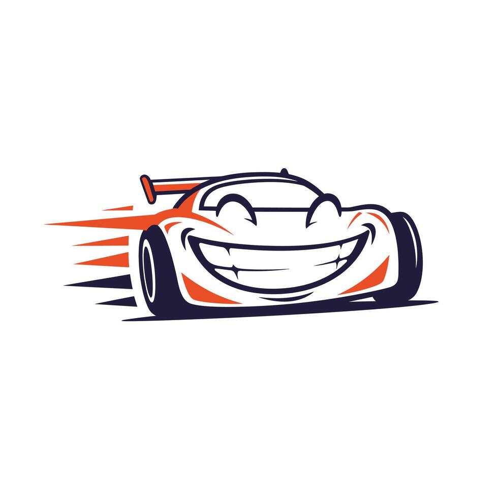 Cartoon racing car with a smile on its face logo design vector
