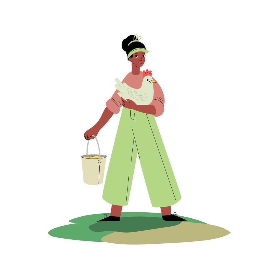 Black woman farming with chicken and grain. Flat minimal style. Diverse rural life concept. vector