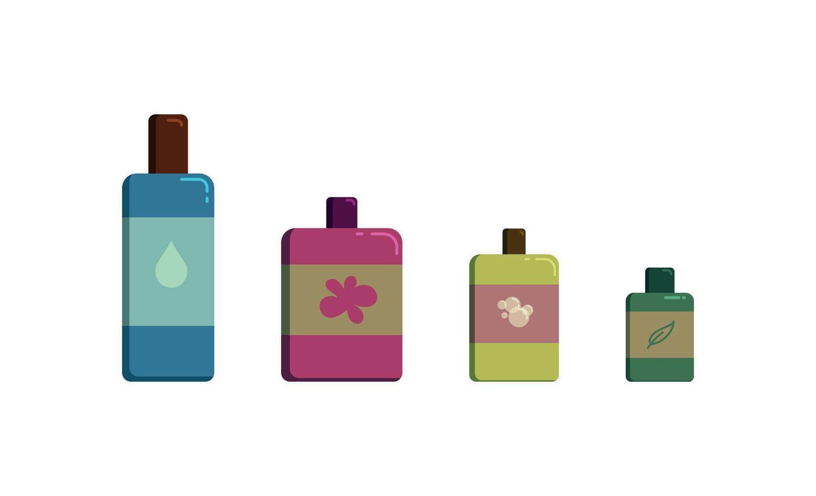 Minimalist illustration of four shampoo bottles in different sizes. Perfect for cosmetics branding, hair care blogs, product packaging, beauty-themed designs, and wellness marketing visuals. vector